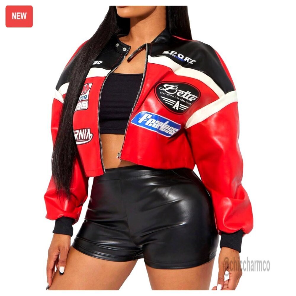Motorcycle Letter Graphic Zip Up Leather Jacket Cropped Outwear